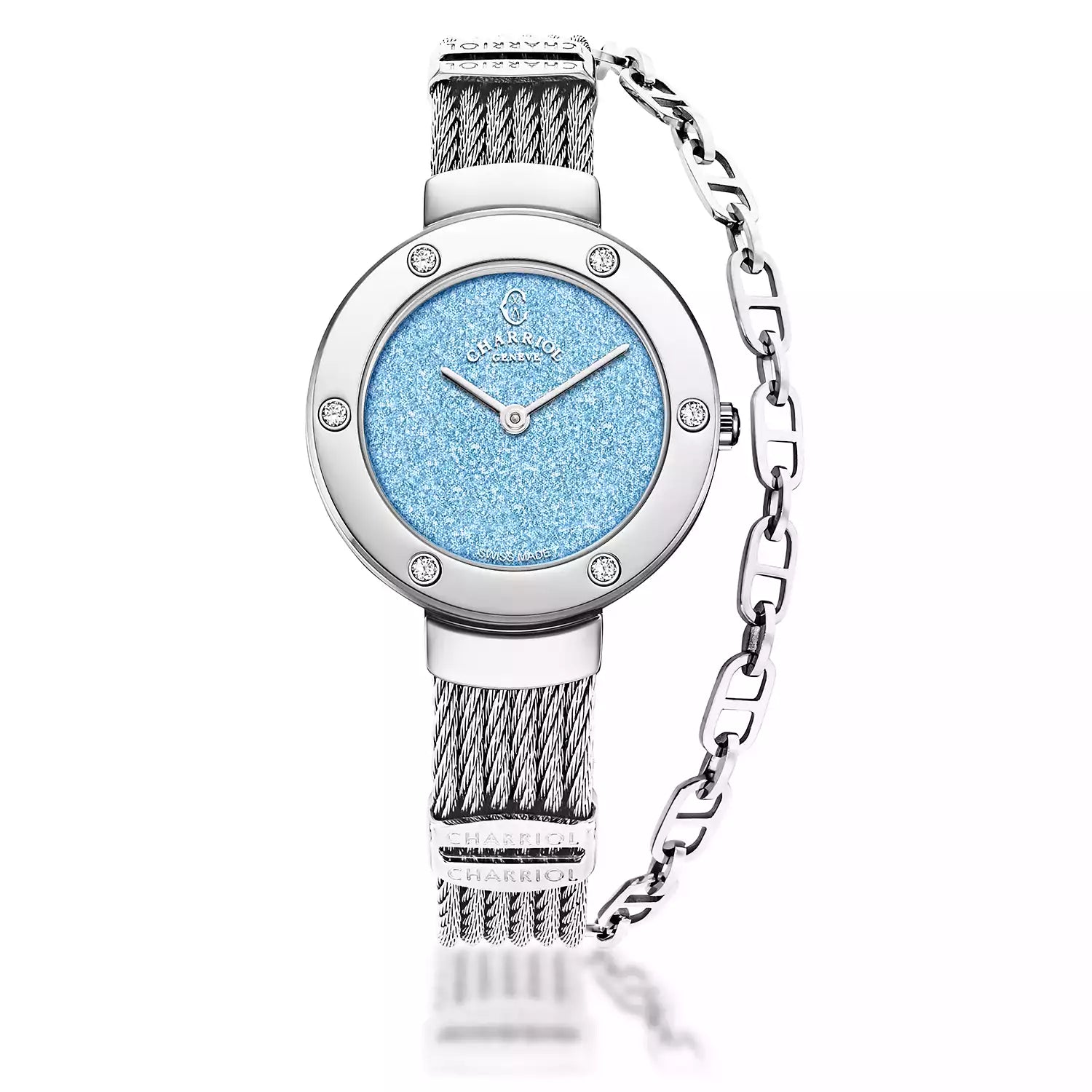 ST TROPEZ GLITTERS, 30MM, QUARTZ CALIBRE, BLUE GLITTER DIAL, STEEL WITH 6 DIAMONDS BEZEL, STEEL CABLE BRACELET - Charriol Geneve -  Watch