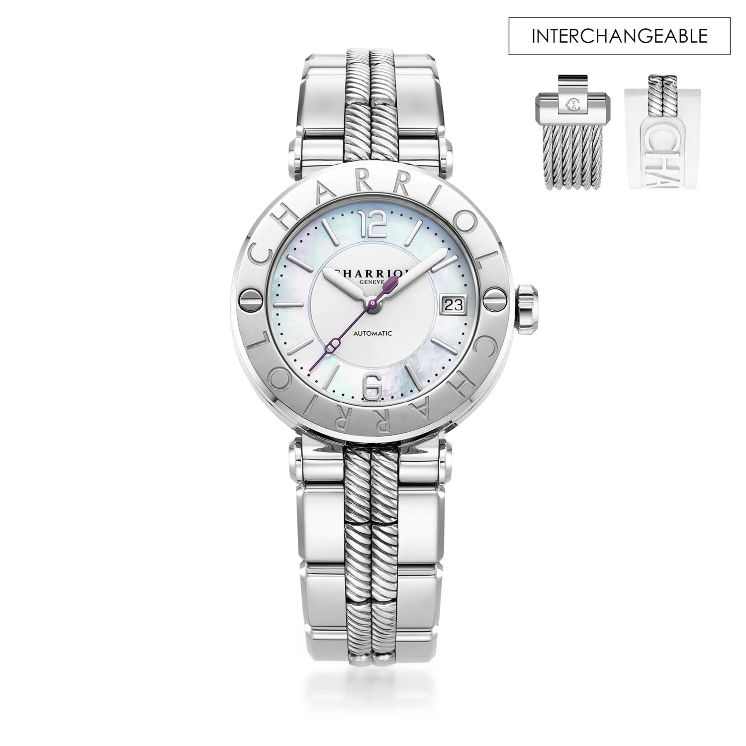 St Tropez Cruise 36mm Automatic Watch Light Grey Bracelet, Light Grey & 2 Screws Bezel and White MOP Dial - Charriol Geneve -  Watch