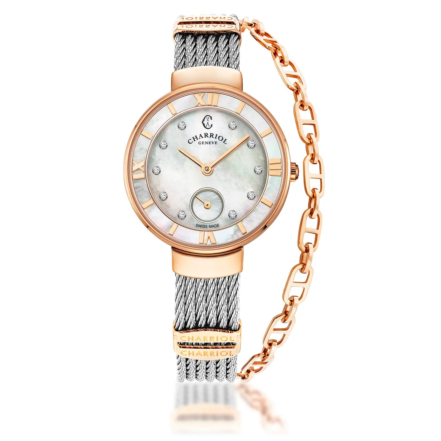ST TROPEZ, 30MM, QUARTZ CALIBRE, MOTHER-OF-PEARL WITH 10 DIAMONDS DIAL, MOTHER-OF-PEARL BEZEL, STEEL CABLE BRACELET - Charriol Geneve -  Watch